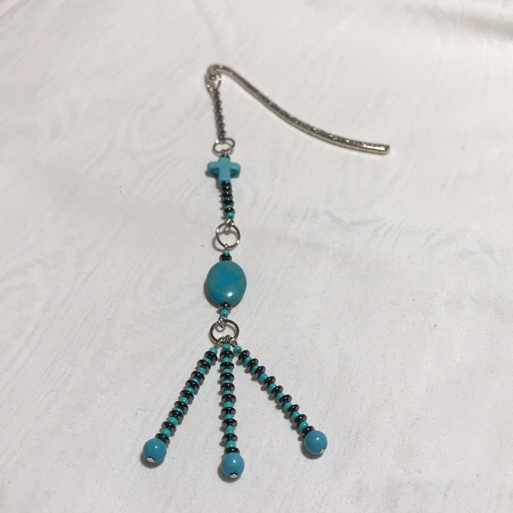 Metal Shepherds Hook Bkmk w/Chain & Turq Magnesite Gemstone,Glass, & Metal Beads - Picture 8 of 10